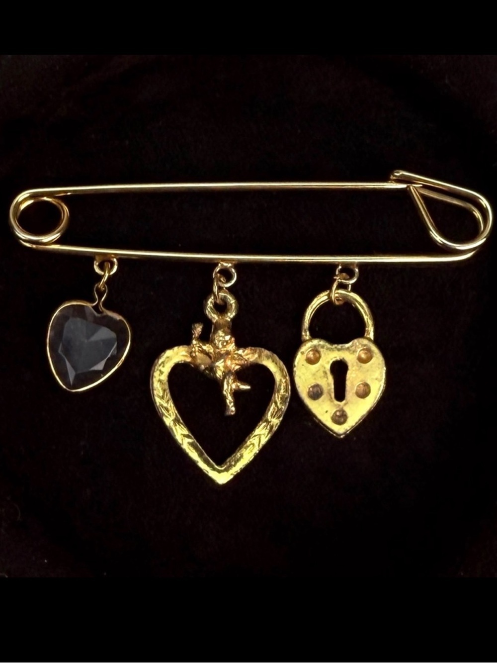 Vintage aged Goldtone Heart Charm Brooch Pin